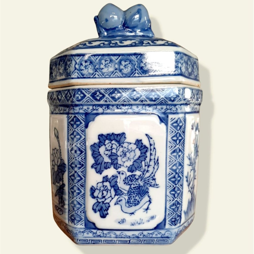 Tea Caddy, Ginger Jar 9"~  Blue & White Chinese Porcelain ~ Unique Plum Knob Lid